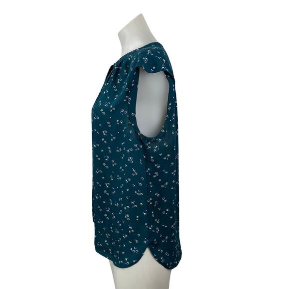 Ann Taylor LOFT Women's Teal Blue Floral Ruffle Sleeve Button Blouse Top Size LP - Picture 2 of 5